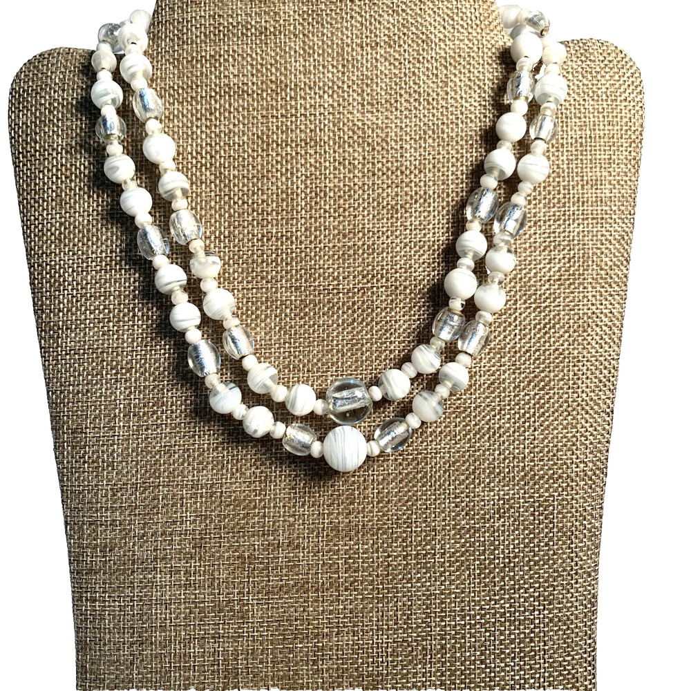 Vtg Y2K Clear White Silver Glass Bead Double Strand Necklace 16" Layered Jewelry